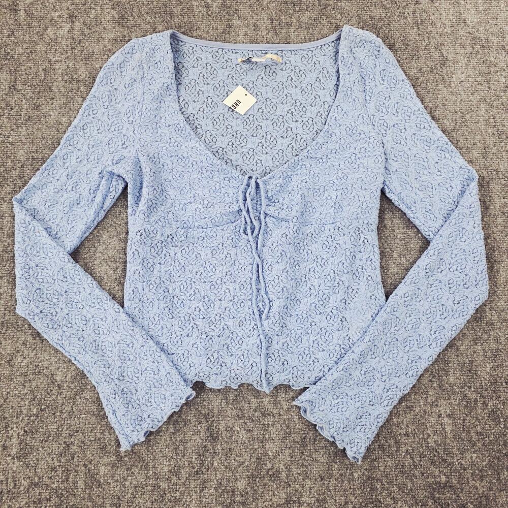 Kimchi Blue Top Womens Large Blue Lace Long Sleeve V Neck Tie Front Urban Outfit